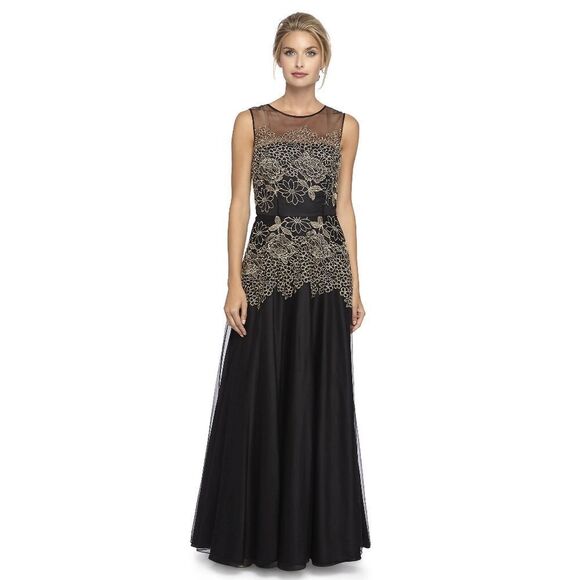 New! TAHARI ASL Women's Floral Embroidered Illusion Gown Black Gold Sleeveless - Picture 4 of 7